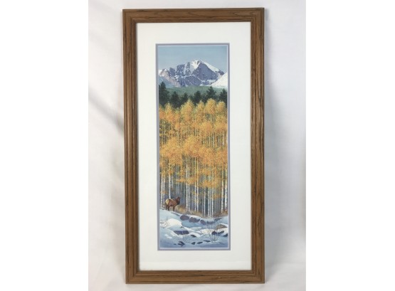 Framed Signed Artist Proof Barbara Moore Watercolor Print Depicting Elk In Autumn Snow In Mountains