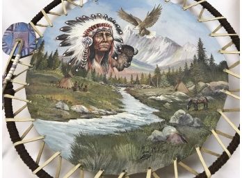 Large Round Vintage Hand Painted Leather By Carol Martin Depicting A Native American Scene