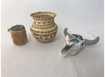 Trio Of Handcrafted Decor- Painted Ceramic Skull, Woven Vessel, & Painted Drum