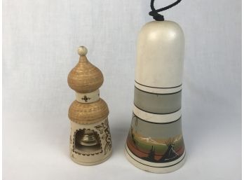 2 Handcrafted Bells- 1 Carved Wood & 1 Hand Painted Clay