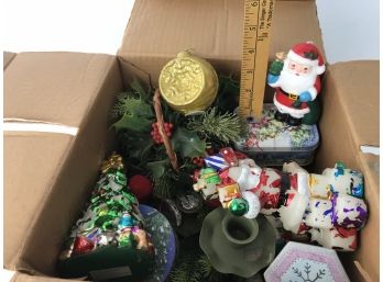 Trio Of White Glitter Christmas Tree Decor & Box Of Assorted Vintage Christmas Candles