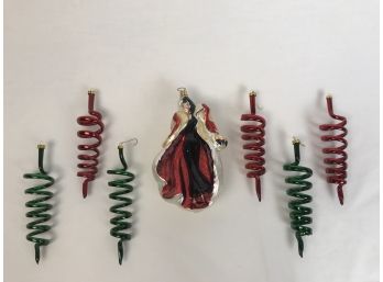 Vintage  Cruella Deville Blown Glass Ornament & Green And Red Glass Swirl Drops