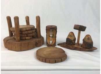 Collection Of Rustic Wood Table Top Items -Timer, Salt And PTimer, Salt And Pepper Shaker, Coasters With Rack