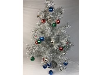 Silver Tinsel Table Top Christmas Tree With Glass Balls