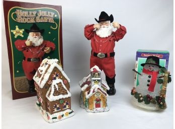 Box Of Christmas Decor Including Holly Jolly Rock Santa- Has Not Been Tested See Photos