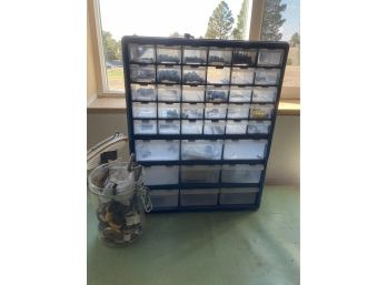 Plastic Bin Organizer With Assortment Of Fasteners & Jar Full Of Assorted Pieces (see Photo)