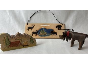 Intricate Wood Cut Campfire Scene Puzzle, Painted Clay Plaque & Leather Moose Ornament