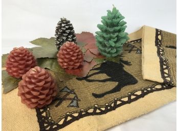 Fall Display- Table Runner, Pinecone Candlespinecone Candles And Leaf Decor
