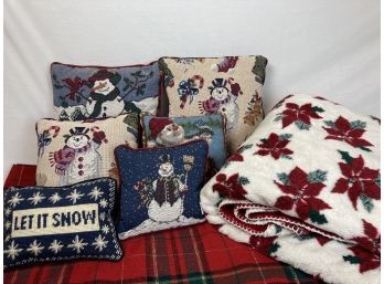 Winter/christmas Needle Point Pillow Collection &  Poinsettia Throw Blanket