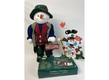 3 Nice Christmas Pieces Featuring Big Plush Welcome Snowman, Wooden Let It Snow Snowman & Snowman Stringlights