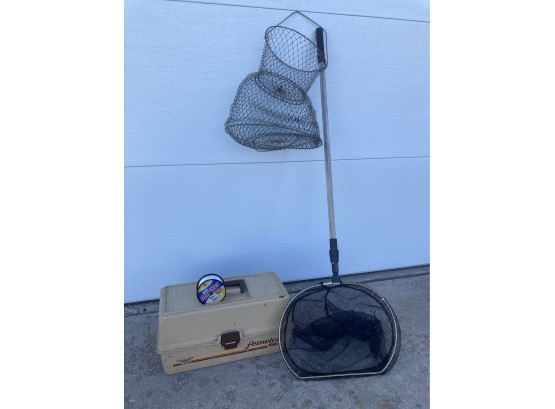Loaded Fenwick Tackle Box With Fishing Net & Metal Fish Basket