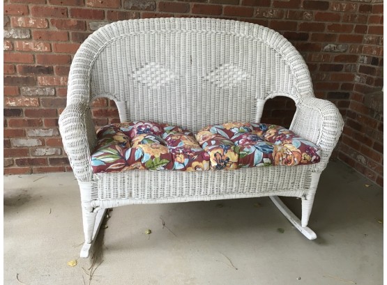 White Wicker Rocking Loveseat With Cushions