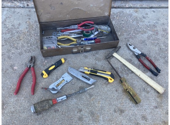 Metal Toolbox Loaded With Assorted Pliers, Utility Knives & More