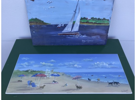 2 Paintings, One Of Sail Boats & Other Is Beach Scene
