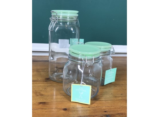 Set Of 3 Green Glass Lid Storage Jars