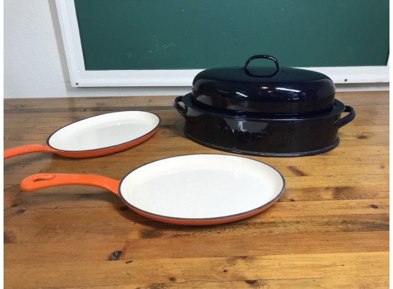 2 Orange Enamel Cast Iron Pans & Blue Roasting Pan With Lid