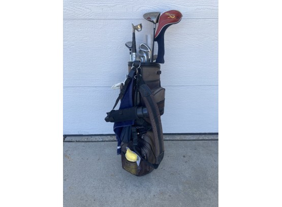 Brown & Black Golf Bag With Loaded With Clubs, Telescopic Ball Grabber & Accessories