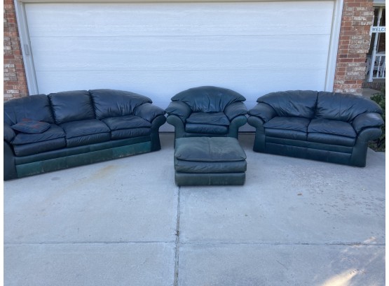Green Plush Leather Couch Set