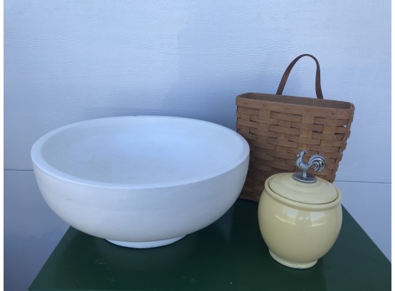 Woven Wood Hanging Basket, Large White Ceramic Bowl & Cream Colored Lidded Ceramic With Rooster