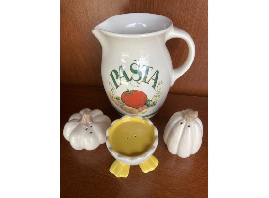 Assortment Of Ceramics Featuring Cute White Pumpkin Salt And Pepper Shakers & White Pasta Pitcher