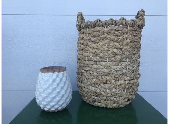 Woven Basket & White Earthenware Ceramic Pot