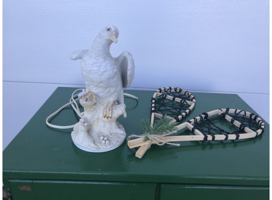 Vintage Ceramic Light Up Bird Lamp & Miniature Decorative Snow Shoes With Plastic Basket