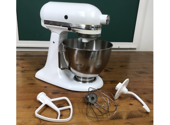 White Kitchen Aid Mixer With Attachments And Bowl