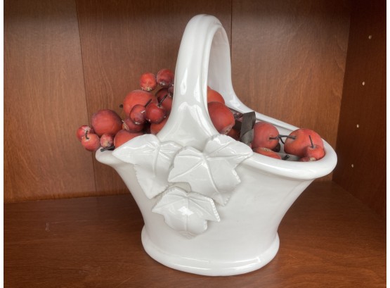 Beautiful Big White Ceramic Basket With Faux Decorative Wild Apples