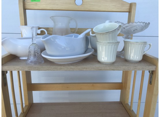 Assorted Ceramics & Glass Featuring Gravy Bowl, White Tea Cups & Clear Glass Bell