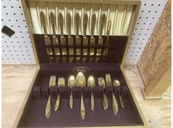 Plated Gold Colored Silverware Set In Gold Wooden Case