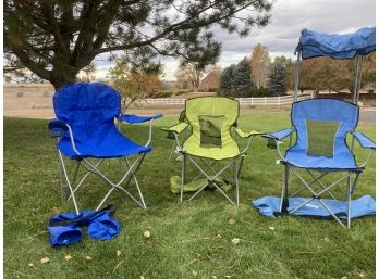 Three Portable Collapsing Lawn Chairs (Green Chair Has Broken Shade)