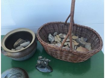 Wicker Basket Full Of Cool Rocks,Small Native American On Horse,& Earthenware Pot With Rocks & Lids