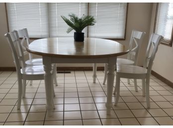 Two Toned White And Wood Table With Leaf & 4 Dining Chairs