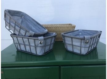 3 Metal And Fabric Baskets & A Wicker Basket
