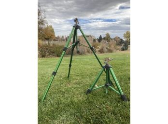 Two Telescoping Tripod Style Lawn Green Sprinklers