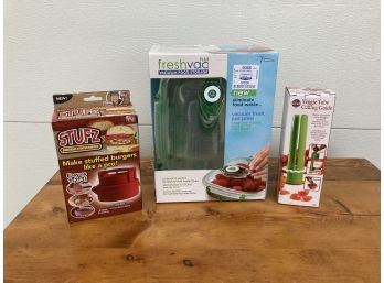 3 New/unused Kitchen Items Featuring Fresh Vac Food Storage, Stufz Burger Kit, & Veggie Tube Cutting Guide