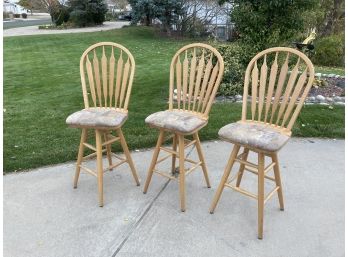 3 Wooden Padded Seat Swivel Stools