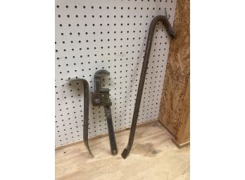 Two Pry Bars & Pipe Wrench