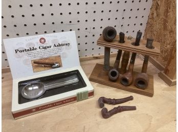 Collection Of Pipes With Holder & Portable Cigar Ashtray