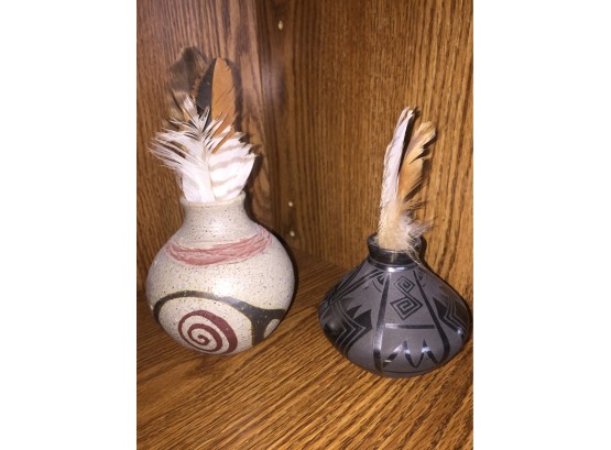 Two Southwestern Style Earthenware Vases With Feathers
