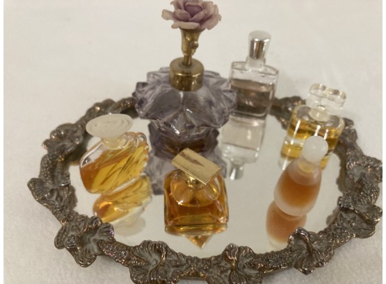 Assortment Of Perfumes With Round Vintage Tray