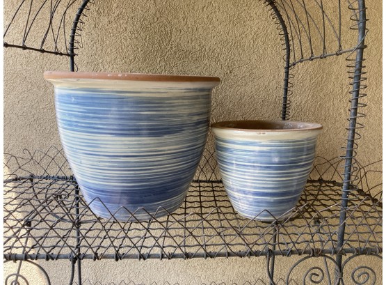 Set Of Matching Blue And White Planting Pots