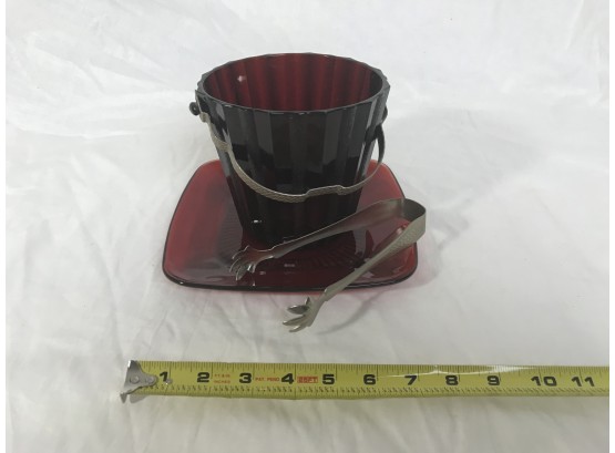 Beautiful Vintage Red Glass Ice Bucket With Matching Platter And Tongs
