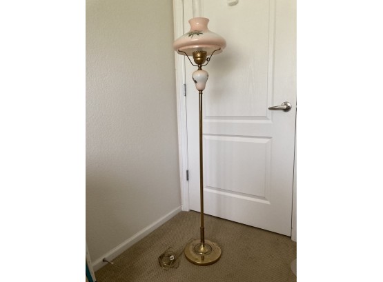 Antique Glass And Brass Tall Lamp With Flower Motif