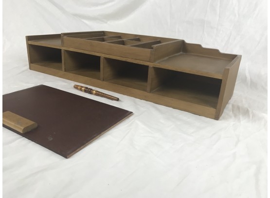 Mid Century Wood Desk Organizer With Unique Wood Inlayed Pen