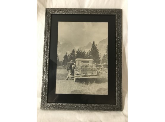 Vintage Framed Photo Of Two Flapper Girls And An Old Car