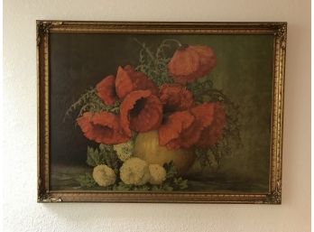 Beautiful Vintage, Textured Print Of Poppies And Snowballs In Gold Gilded Frame