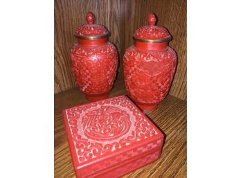 Two Chinese Red Cinnabar Vases And One Red Cinnabar Box