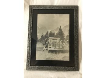 Vintage Framed Photo Of Two Flapper Girls And An Old Car