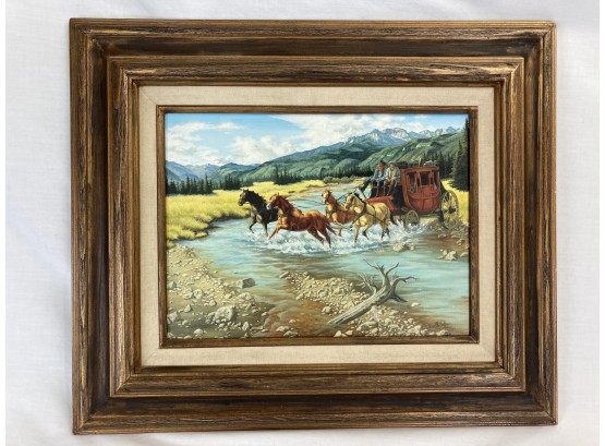 Signed Original Oil Painting In Frame Of Stagecoach Coach Crossing River (see Photos For Condition)